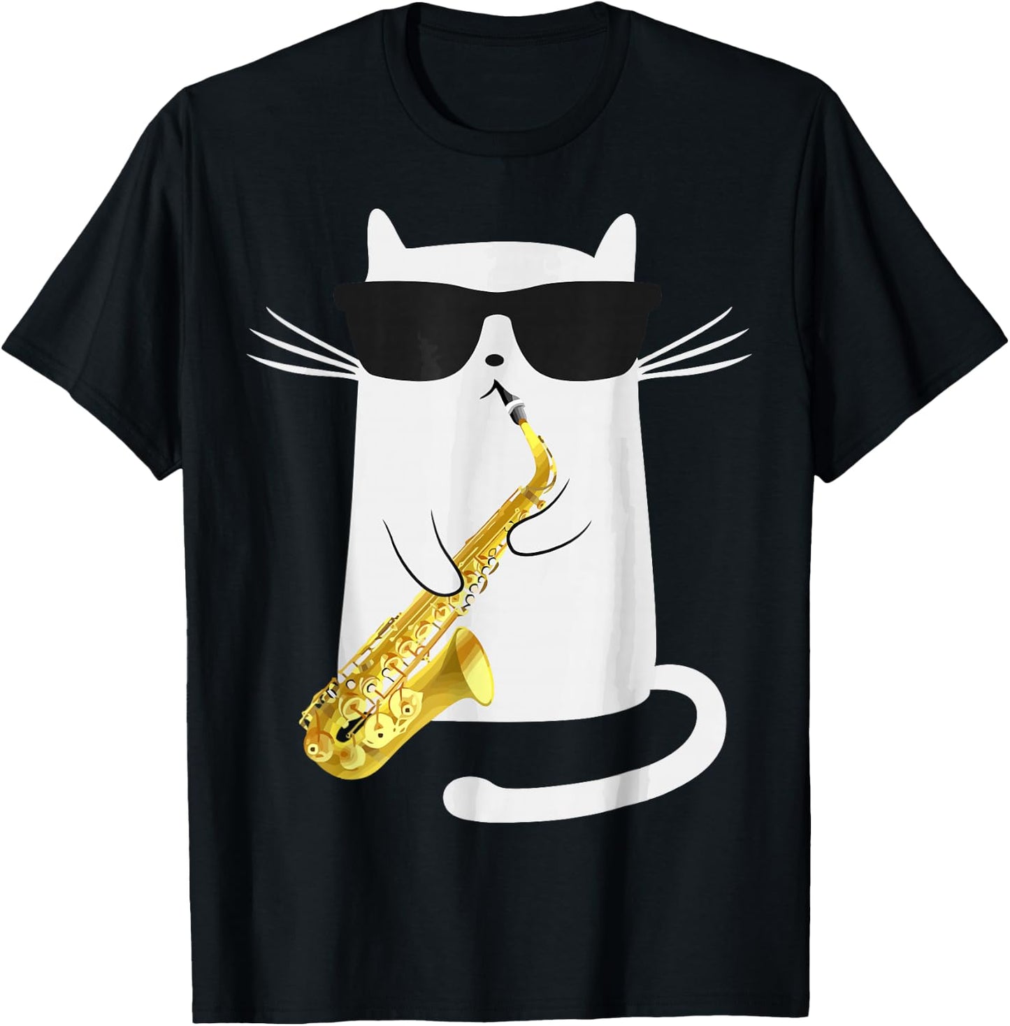 Funny Cat Playing Saxophone For Jazz Musician Saxophonist T-Shirt - T-Shirt | Black
