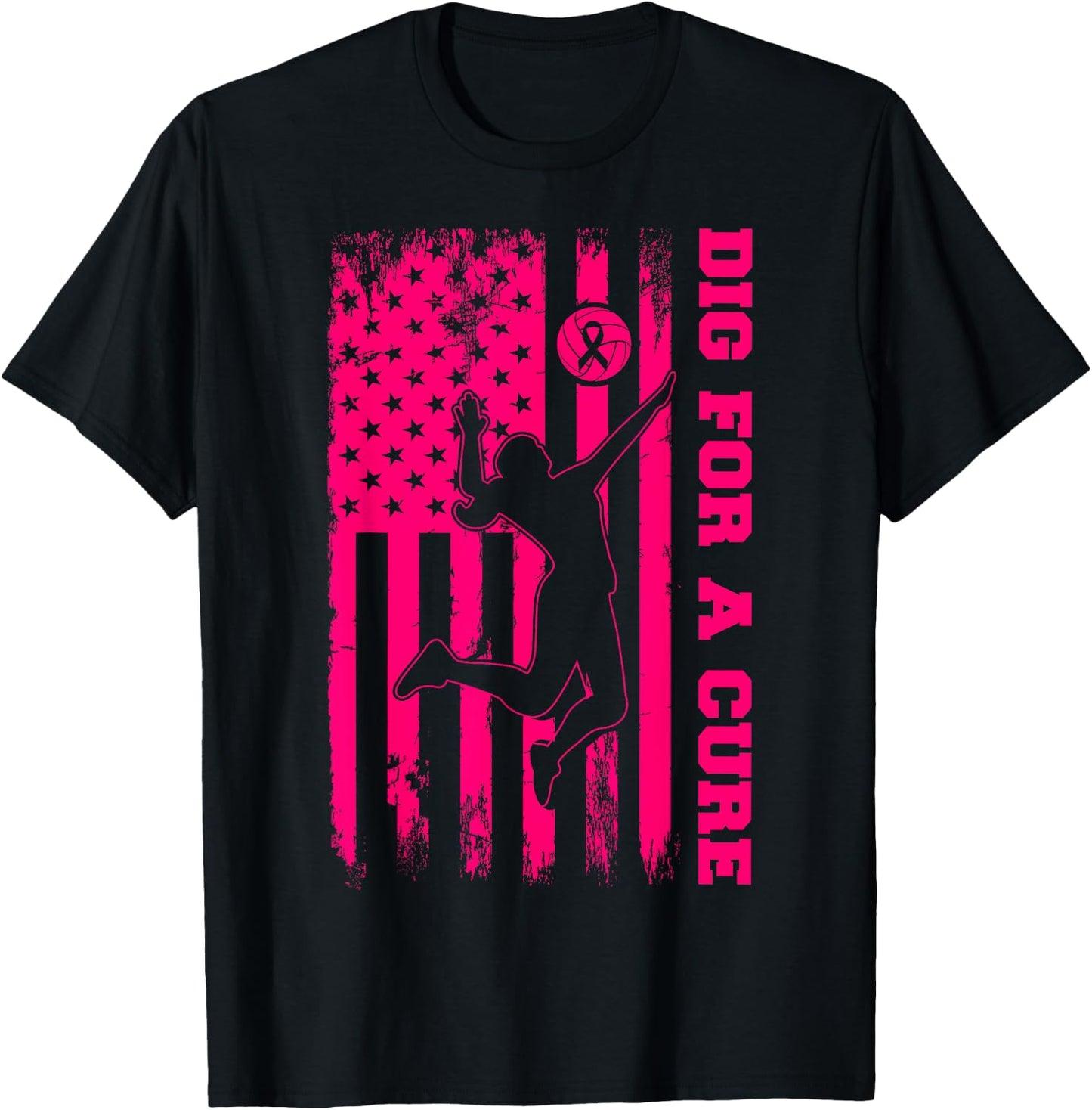 Dig For A Cure Breast Cancer Volleyball Pink American Flag Girls Kids Men T-Shirt - T-Shirt | Black