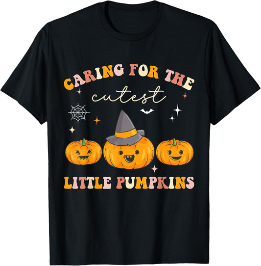 Caring For Cutest Little Pumpkins Pediatric Nurse Halloween T-Shirt - T-Shirt | Black