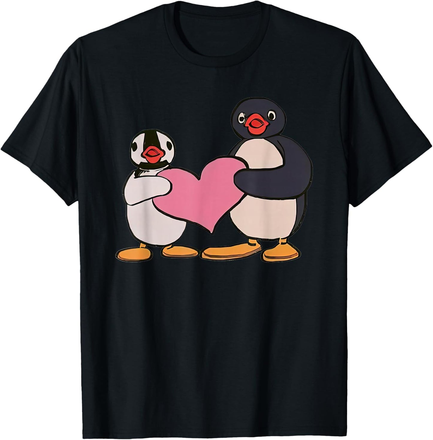 Cute Pingu And Pinga Penguin Holding Heart T-Shirt - T-Shirt | Black