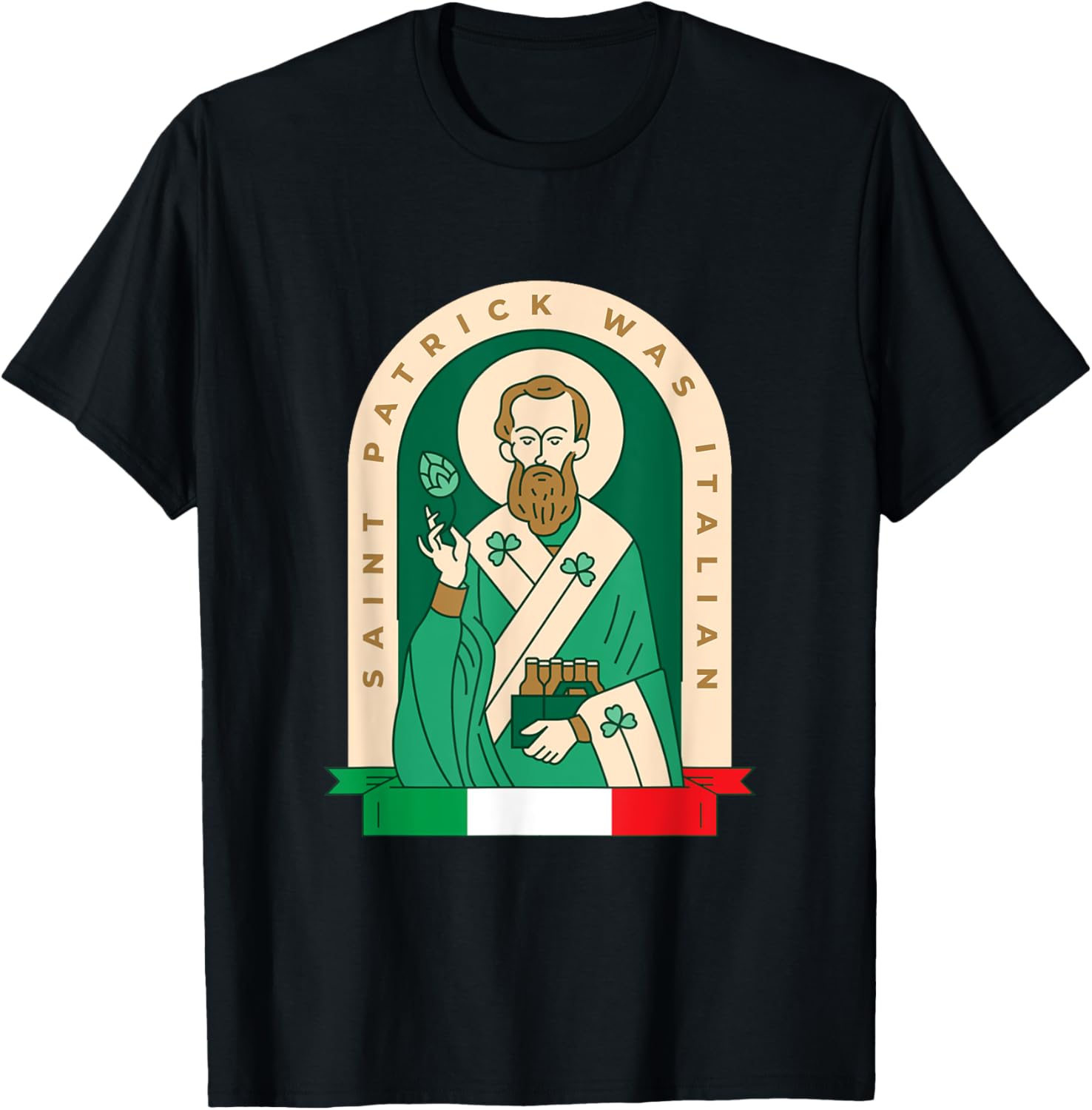 Funny St Patrick Was Italian Saint Patrick Holding Beer Pack T-Shirt - T-Shirt | Black
