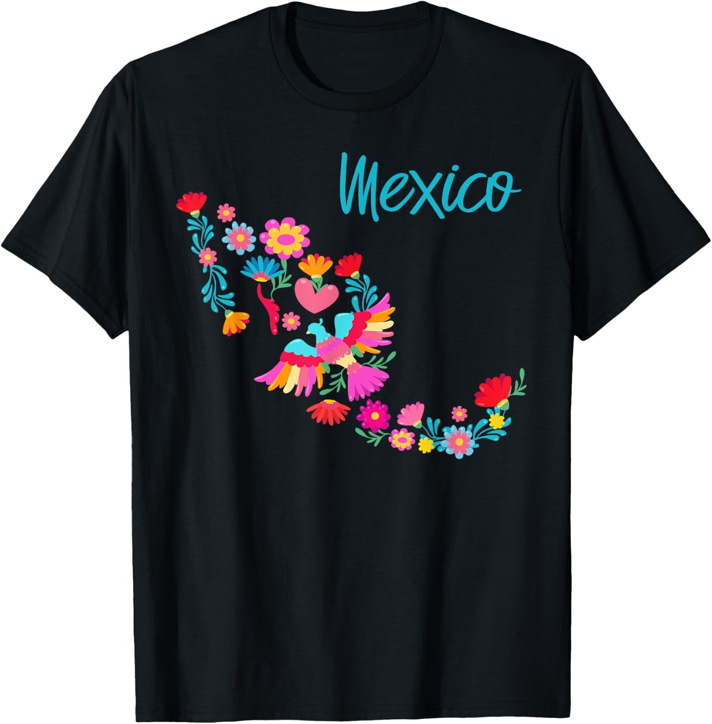 Mexico Map Floral Otomi Mexican Flowers Art Colourful Bright T-Shirt - T-Shirt | Black