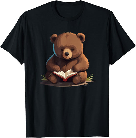 Cute Bear is reading a Book, Reading Bear T-Shirt - T-Shirt | Black