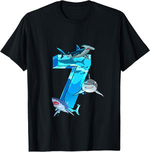 Kids Shark Boy 7 Years Birthday Child Children Birthday T-Shirt - T-Shirt | Black