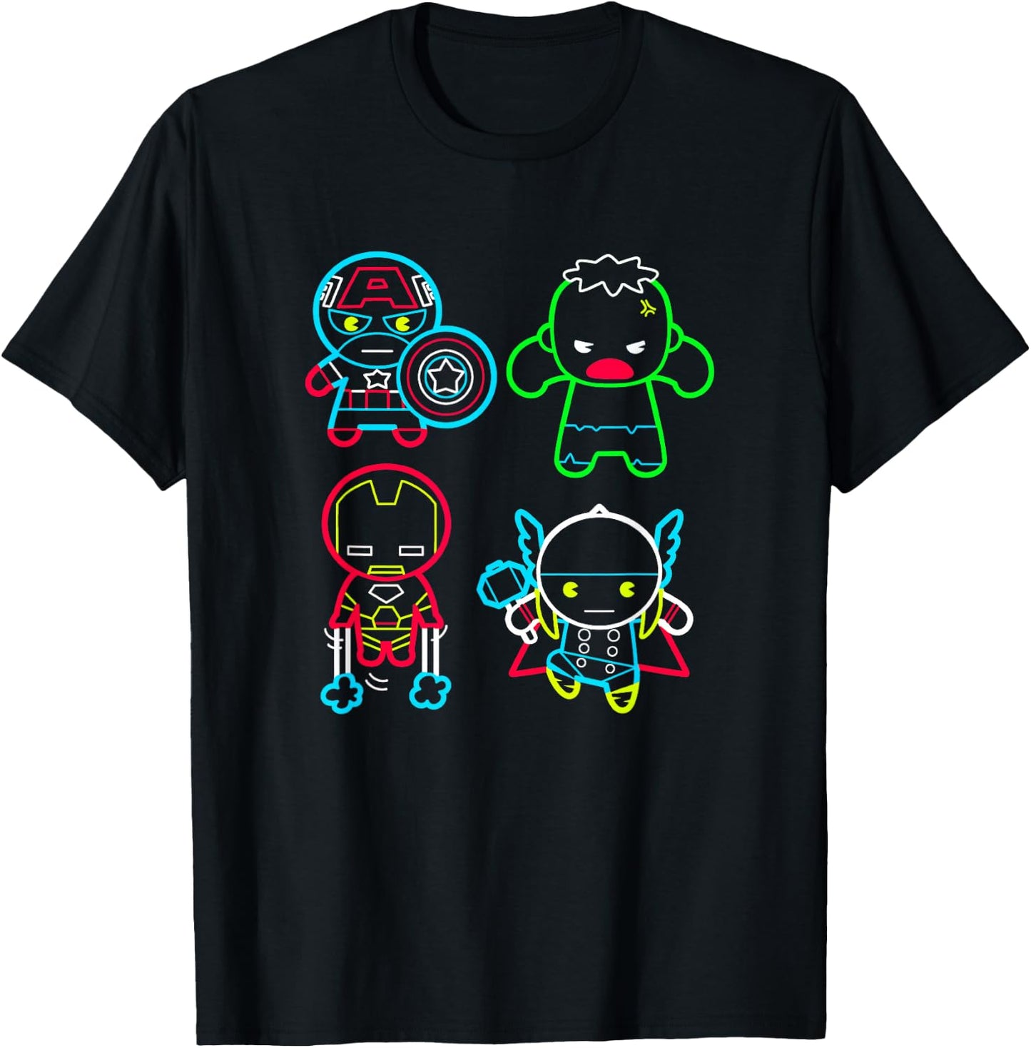 Marvel Kawaii Cute Avengers Neon Outline Group Shot T-Shirt - T-Shirt | Black