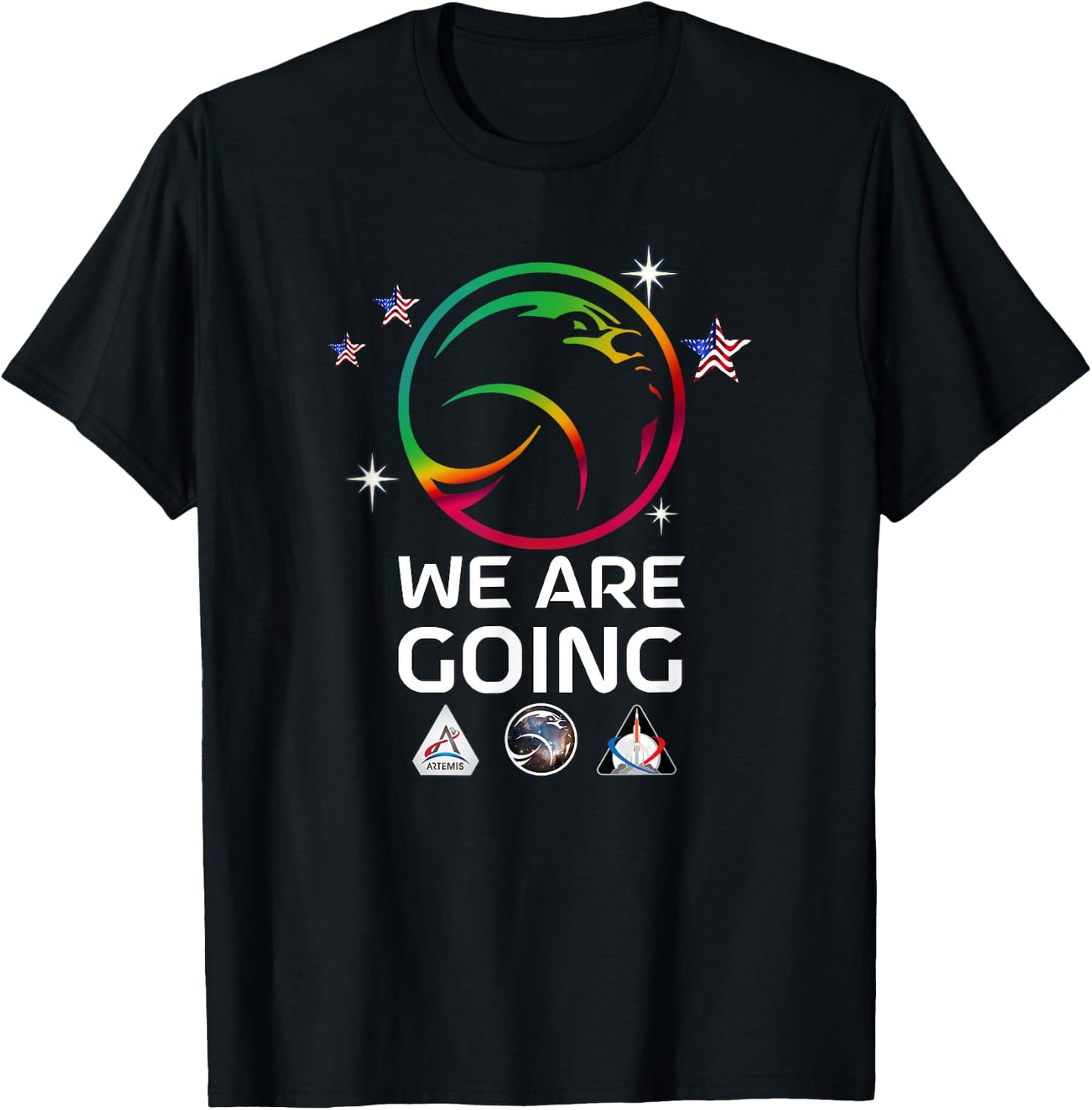 Official Moon Rocket Launch US Flag Stars WE ARE GOING T-Shirt - T-Shirt | Black