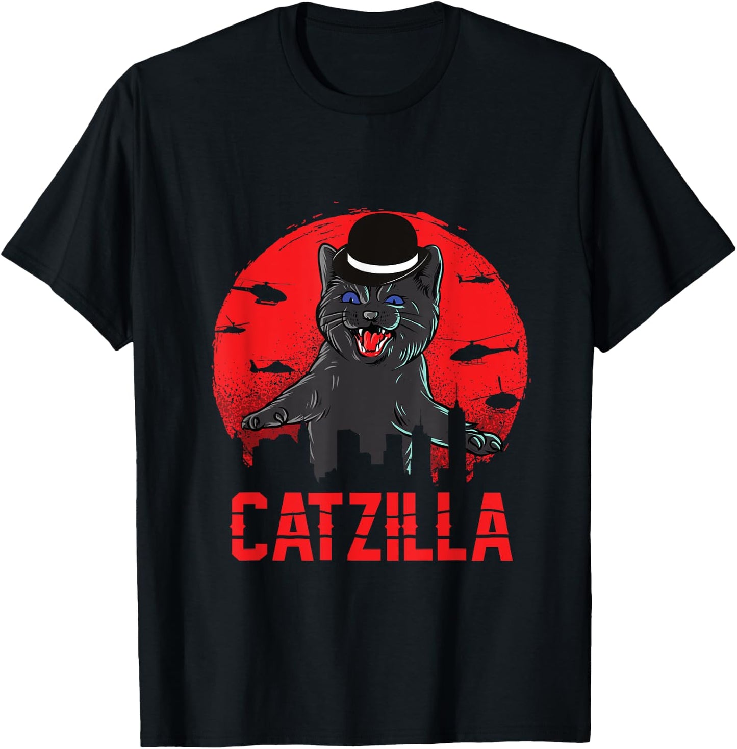 Catzilla with Bowler Hat Funny Cat and Kitten Lover Men Women Kids T-Shirt - T-Shirt | Black