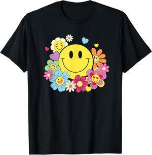 Cute Smile Face Flower Happy Face Flowers Heart Kids Girls T-Shirt - T-Shirt | Black