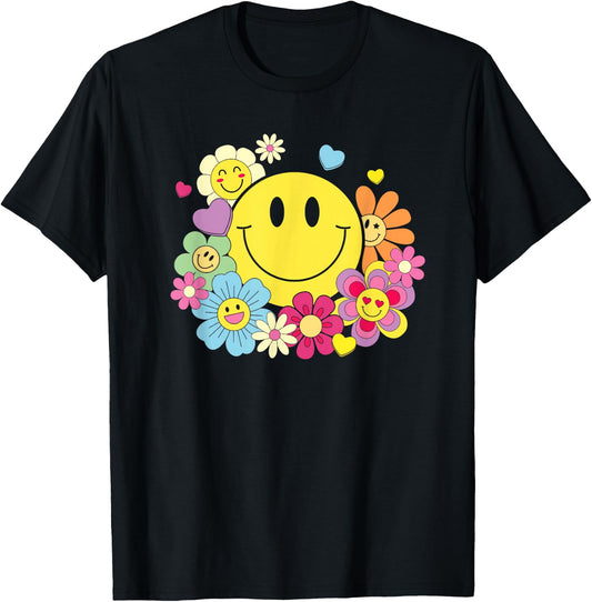 Cute Smile Face Flower Happy Face Flowers Heart Kids Girls T-Shirt - T-Shirt | Black