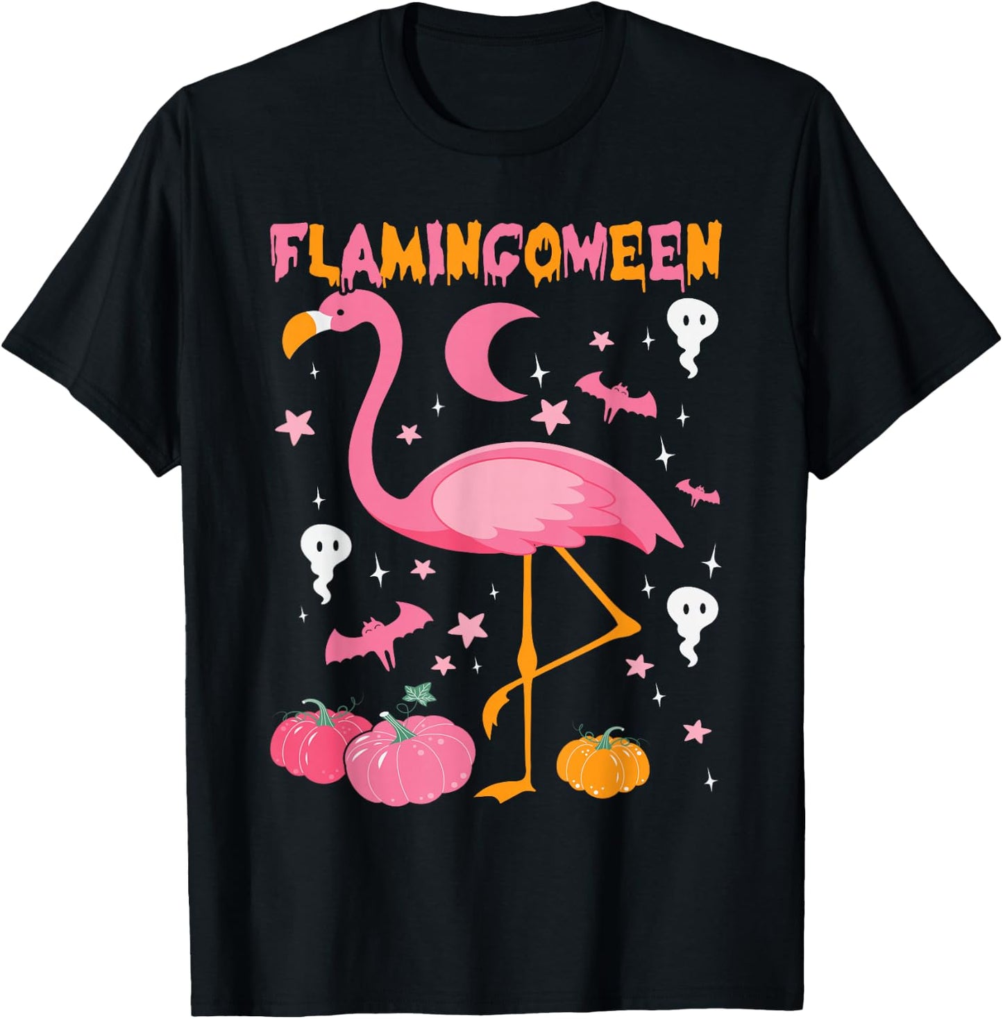 Happy Flamingoween Pink Flamingo Halloween Skeleton Spooky T-Shirt - T-Shirt | Black