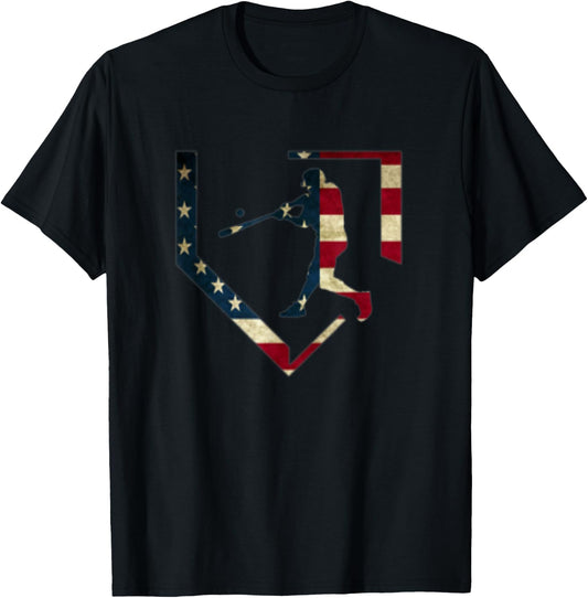 High School Baseball Season College Ball Player USA Flag T-Shirt - T-Shirt | Black