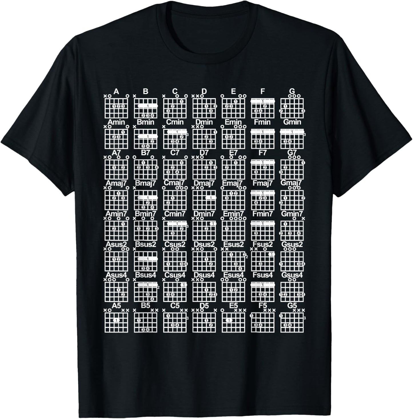 Guitar Chord Chart with Numbered Positions Barre Chord T-Shirt - T-Shirt | Black