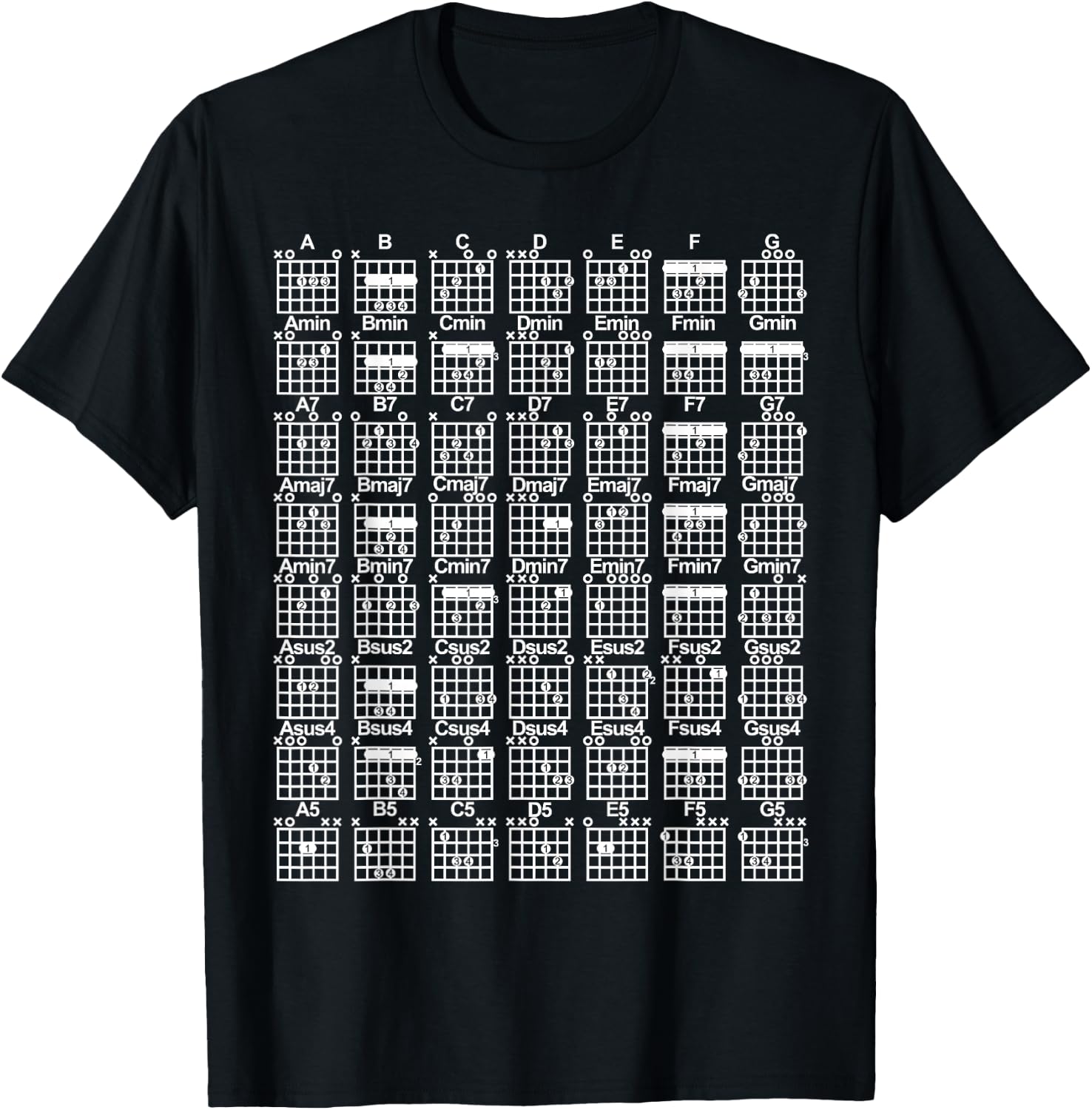 Guitar Chord Chart with Numbered Positions Barre Chord T-Shirt - T-Shirt | Black