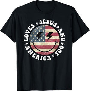 Loves Jesus and America Too God Christian 4th of July retro T-Shirt - T-Shirt | Black