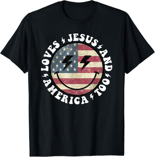 Loves Jesus and America Too God Christian 4th of July retro T-Shirt - T-Shirt | Black