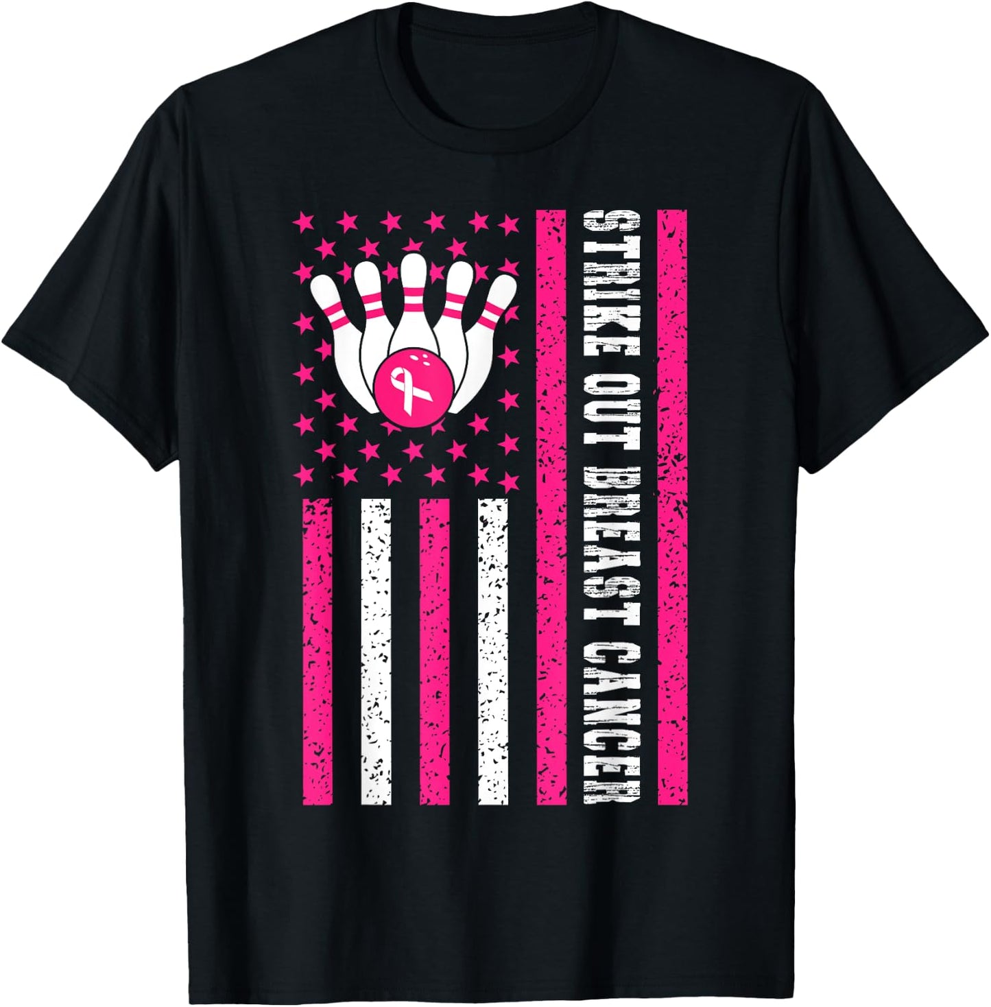 Strike Out Bowling Ribbon USA Flag Breast Cancer Awareness T-Shirt - T-Shirt | Black
