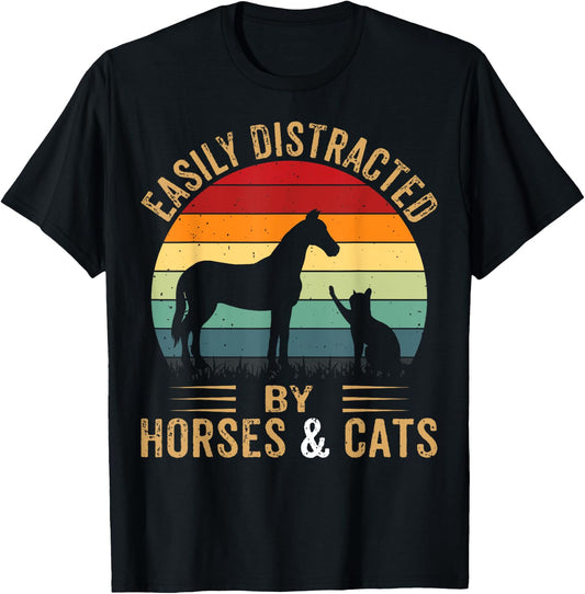 Easily Distracted By Horse And Cats Shirt Horse Riding Girls T-Shirt - T-Shirt | Black