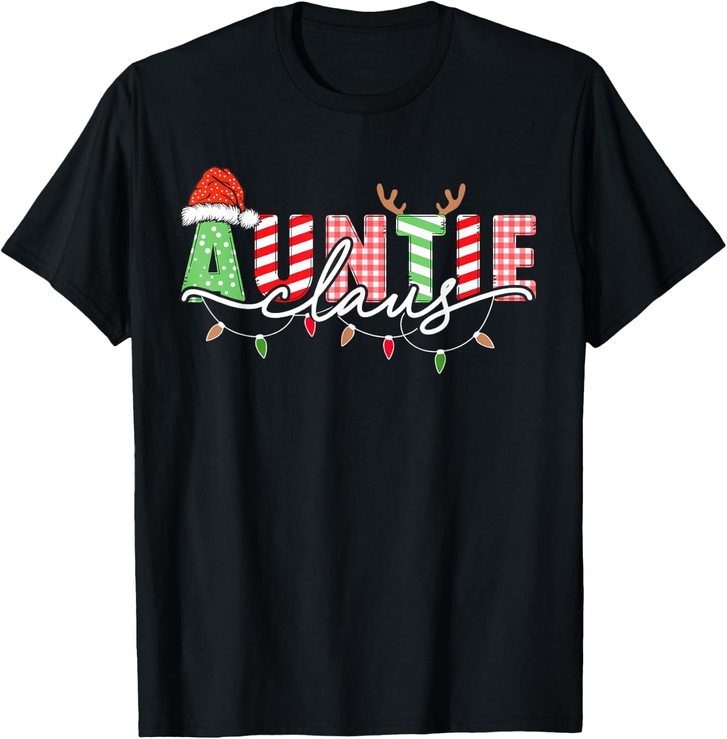 Auntie Claus Xmas Christmas Lights Pajama Family Matching T-Shirt - T-Shirt | Black