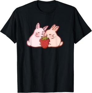 Cute Kawaii 90s Y2K Rabbits two Strawberry Bunnies T-Shirt - T-Shirt | Black