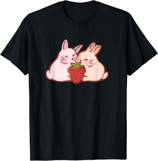 Cute Kawaii 90s Y2K Rabbits two Strawberry Bunnies T-Shirt - T-Shirt | Black