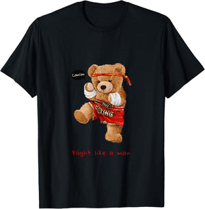 Cool Teddy Bear Man Boxing Fight Style Illustration Graphic T-Shirt - T-Shirt | Black