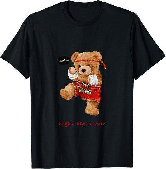 Cool Teddy Bear Man Boxing Fight Style Illustration Graphic T-Shirt - T-Shirt | Black
