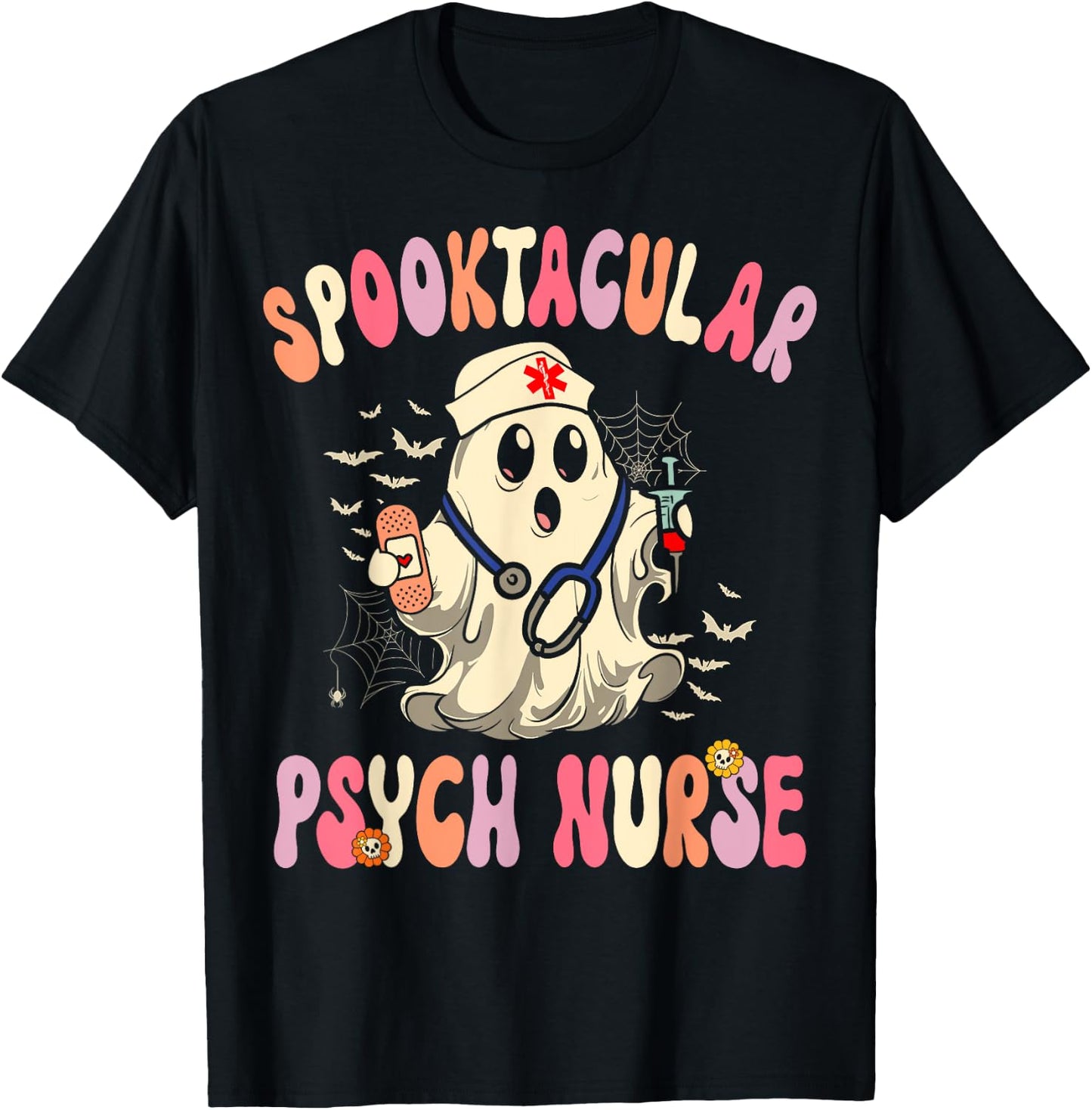 Spooktacular Psych Nurse Retro Halloween Ghost Nursing T-Shirt - T-Shirt | Black