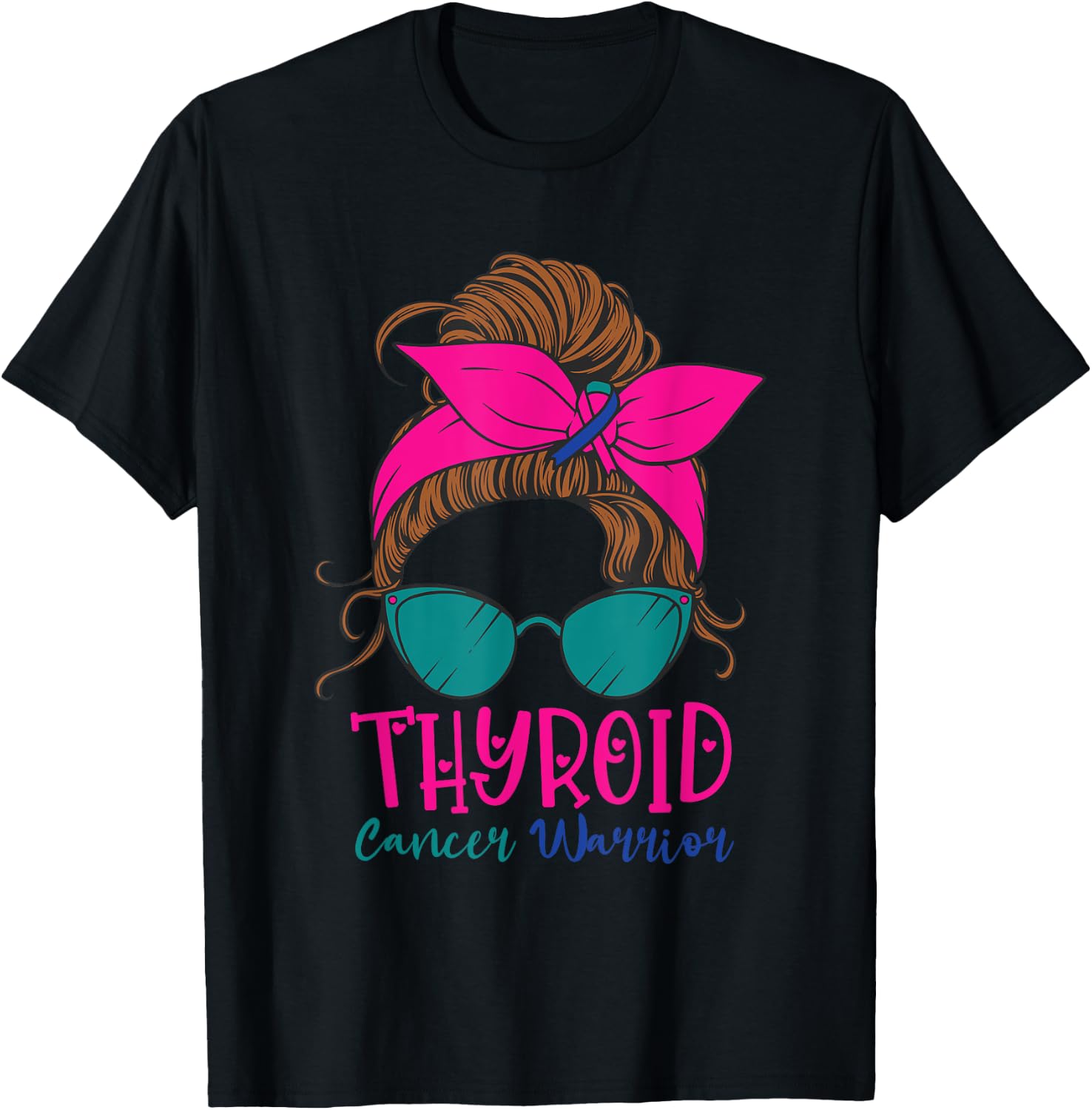 Thyroid Cancer Awareness Warrior Messy Bun Thyroidectomy T-Shirt - T-Shirt | Black