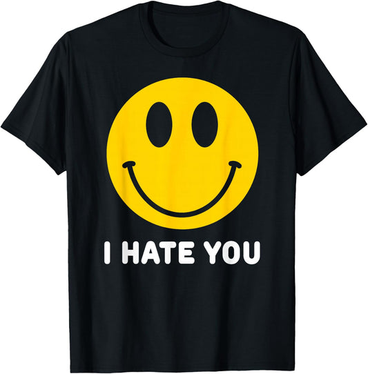 Retro Vintage Yellow Happy Smile Face Emoticon I Hate You T-Shirt - T-Shirt | Black