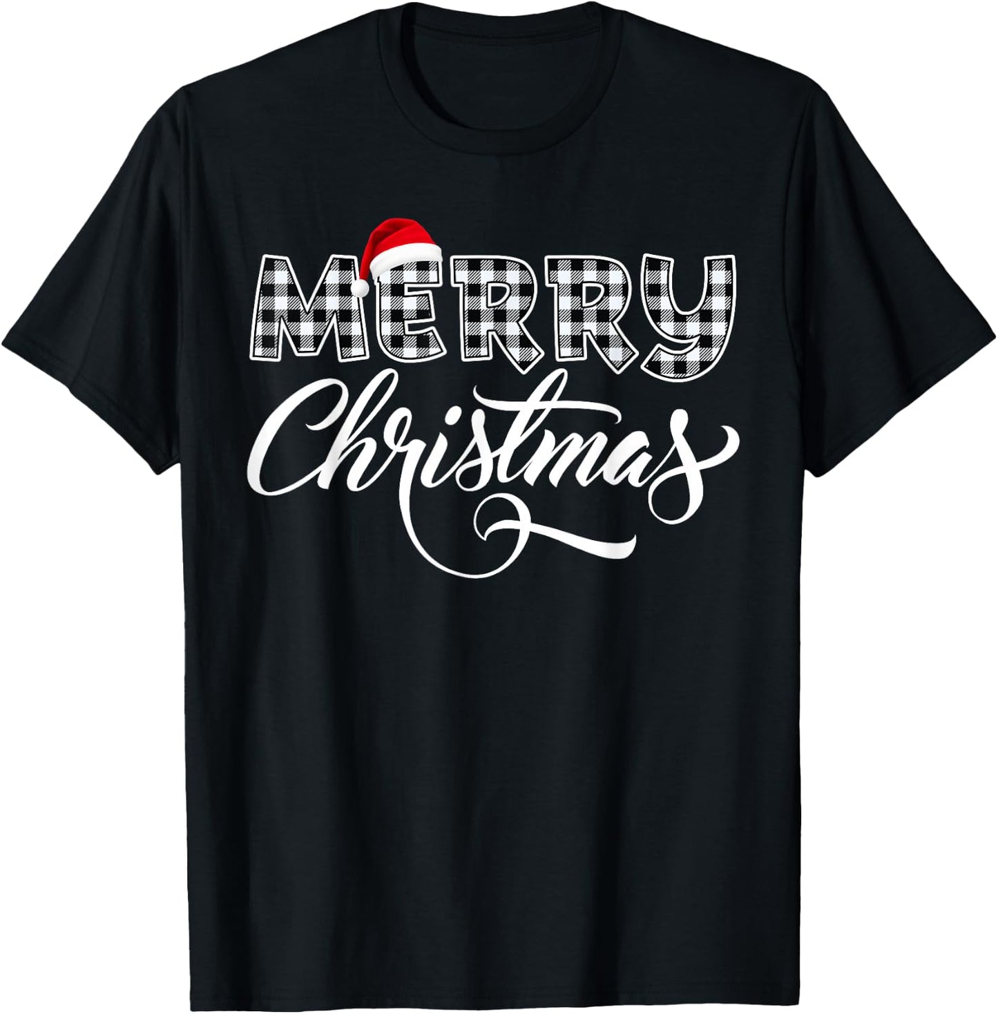 Merry Christmas Buffalo Black and White Plaid Women T-Shirt - T-Shirt | Black