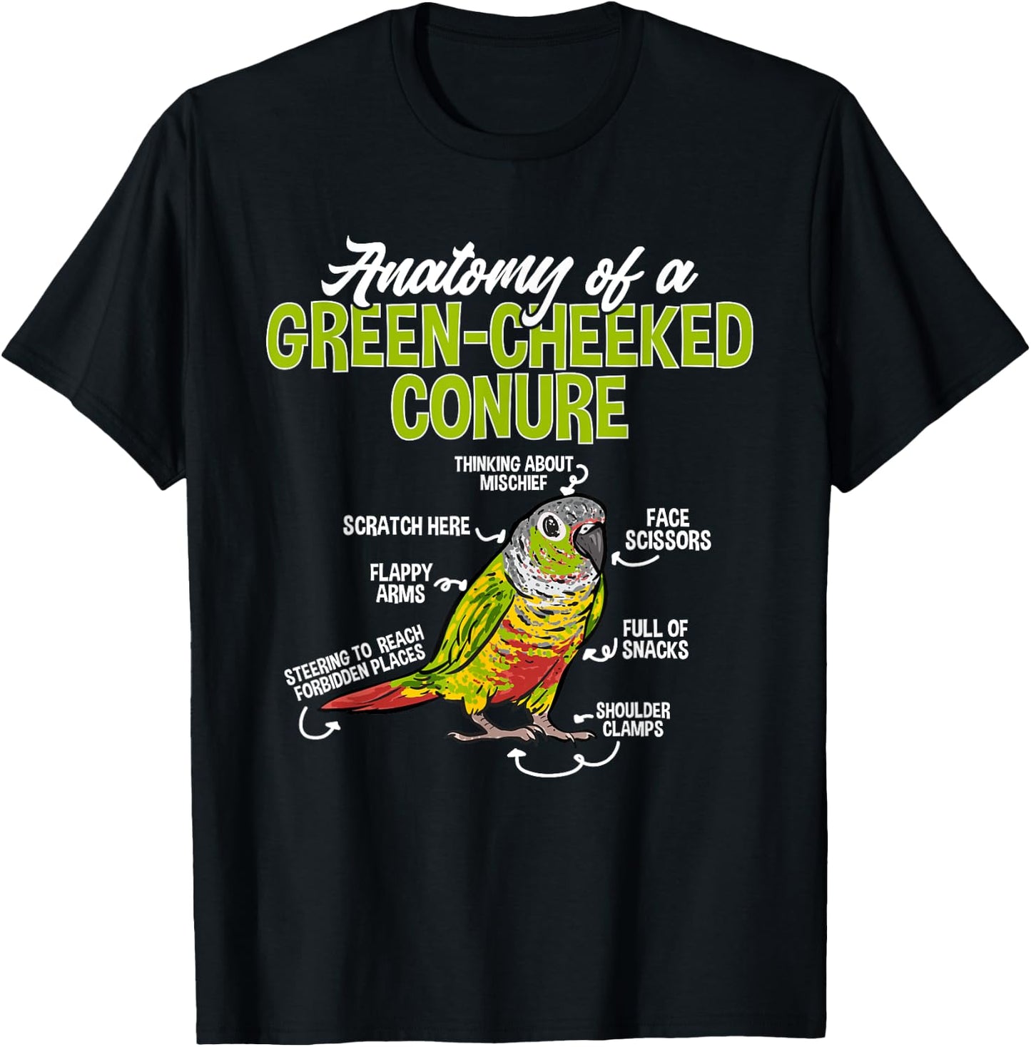 Green Cheek Conure Parrot Anatomy Of A Green-Cheeked Conure T-Shirt - T-Shirt | Black