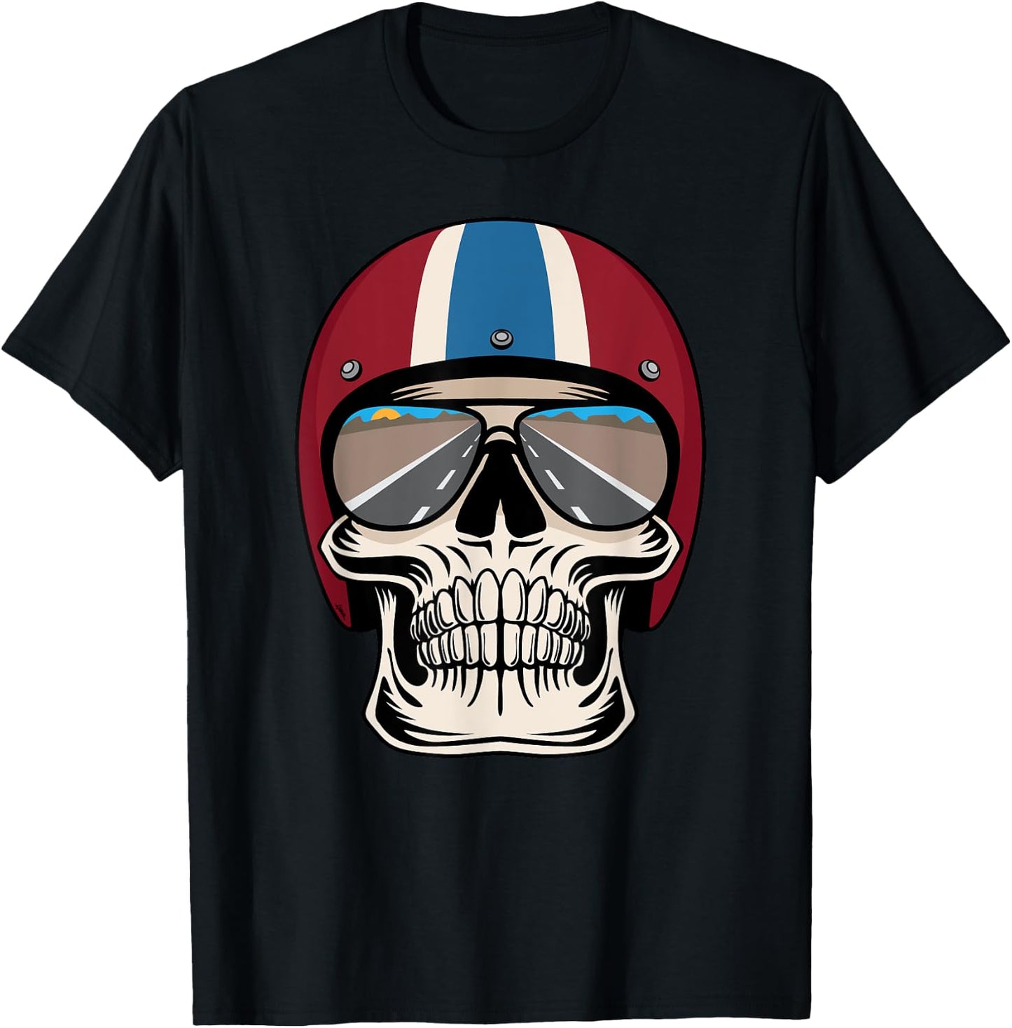 Retro Skull wearing Motorcycle Helmet and Sunglasses Design T-Shirt - T-Shirt | Black