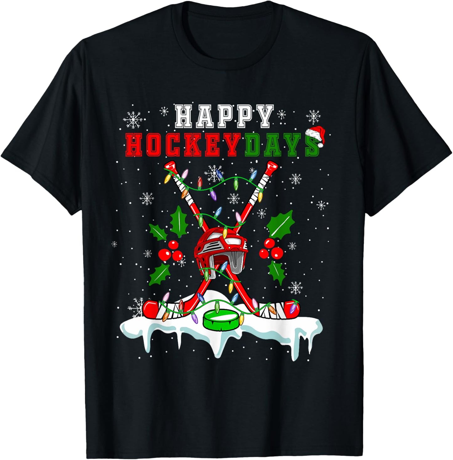 Happy Hockey Xmas Days Ice Hockey Equipment Player Family T-Shirt - T-Shirt | Black