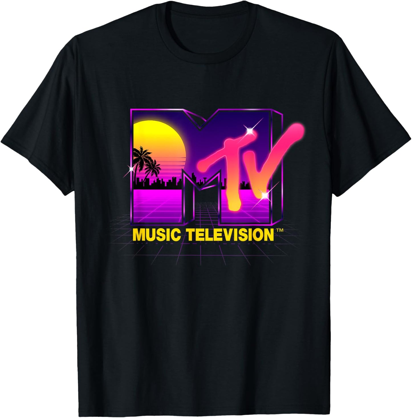 Mademark x MTV - MTV Retrowave Sunset Synthwave Cyberpunk Vaporwave 80s MTV T-Shirt - T-Shirt | Black