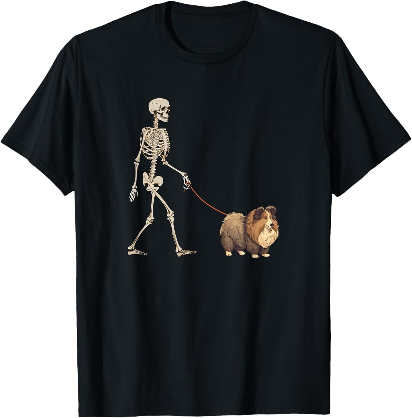 Funny Shetland Sheep Sheltie Skeleton Dog Walking Halloween Men Women Kids T-Shirt - T-Shirt | Black
