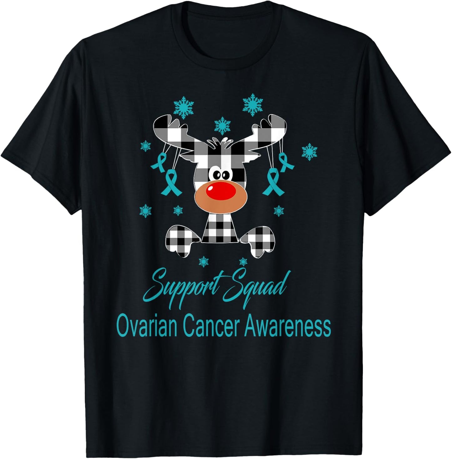 Ovarian Cancer Awareness Christmas Reindeer Teal Ribbon T-Shirt - T-Shirt | Black