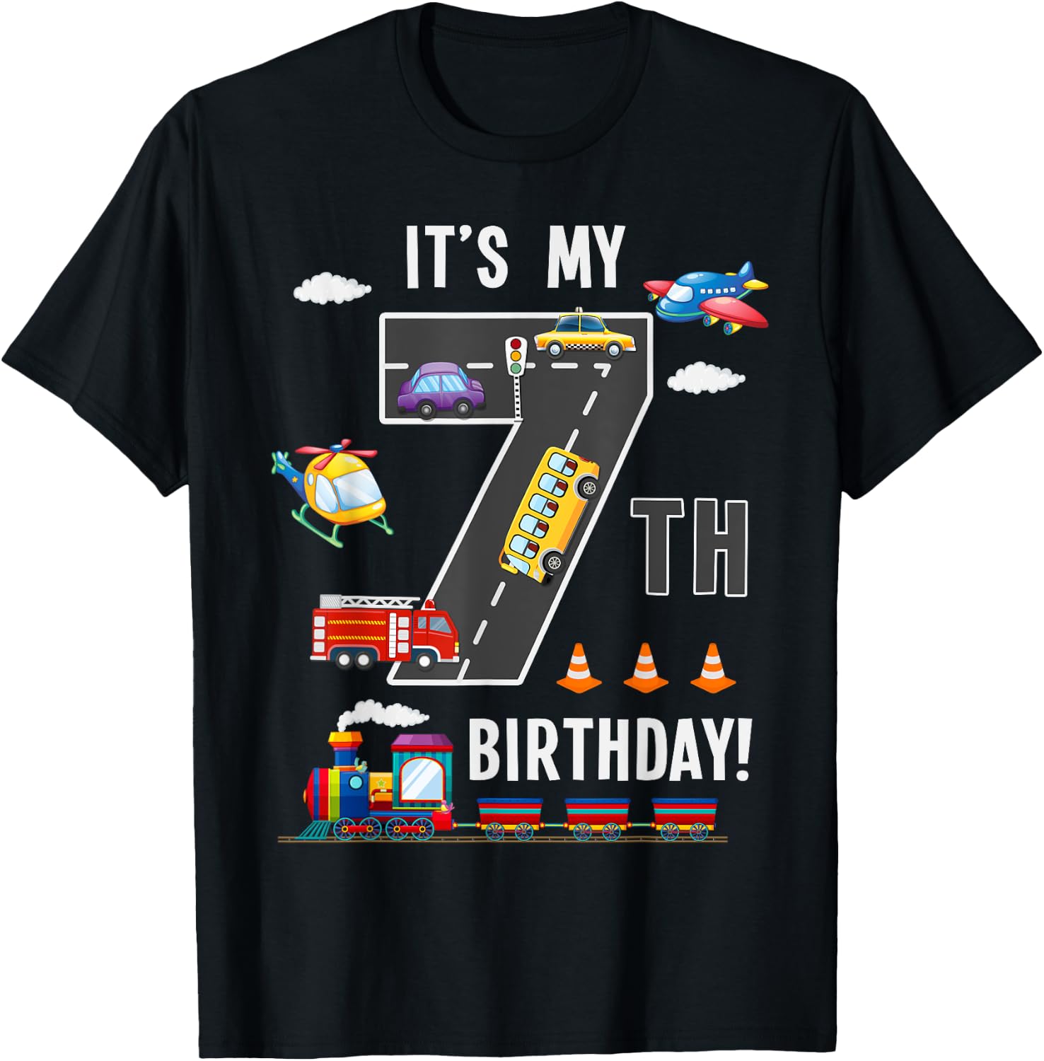 Its My 7th Birthday Boy 7 Bday Train Car Fire Truck Airplane T-Shirt - T-Shirt | Black