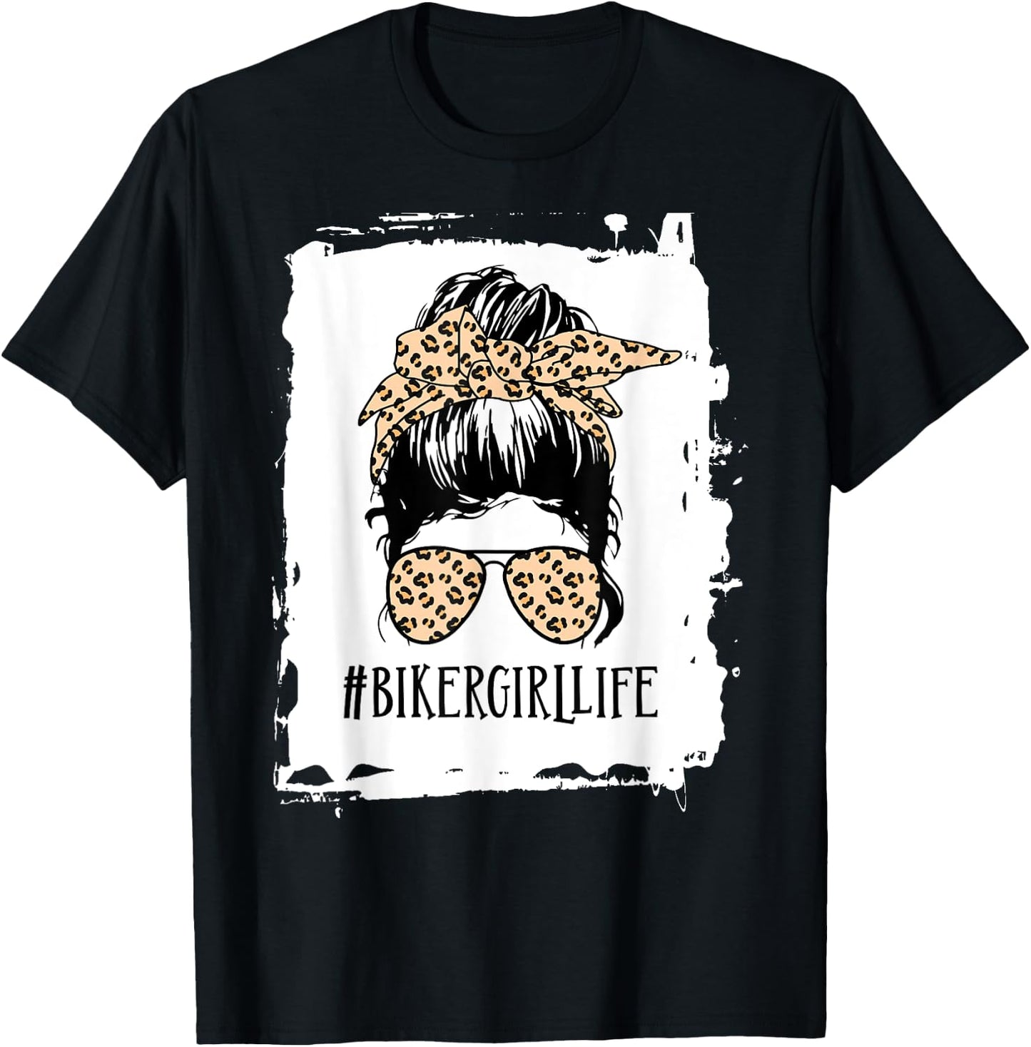 biker girl Life Messy Bun Leopard T-Shirt - T-Shirt | Black