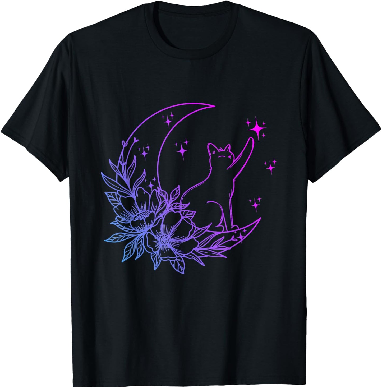 Cat Sitting On Crescent Moon Flowers Stars Women Girls Kids T-Shirt - T-Shirt | Black