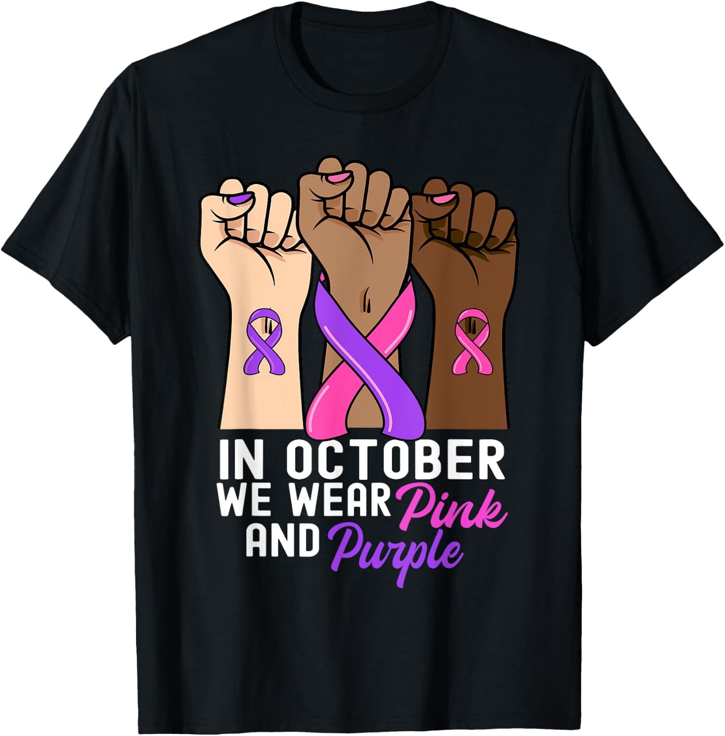Breast Cancer Domestic Violence Awareness Pink Purple Ribbon T-Shirt - T-Shirt | Black