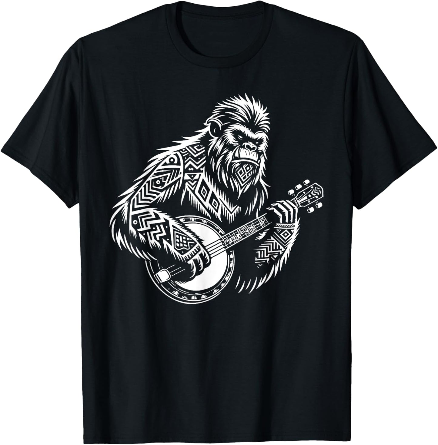 Zen Bigfoot Playing Banjo Tribal Art Music Fest Sasquatch T-Shirt - T-Shirt | Black