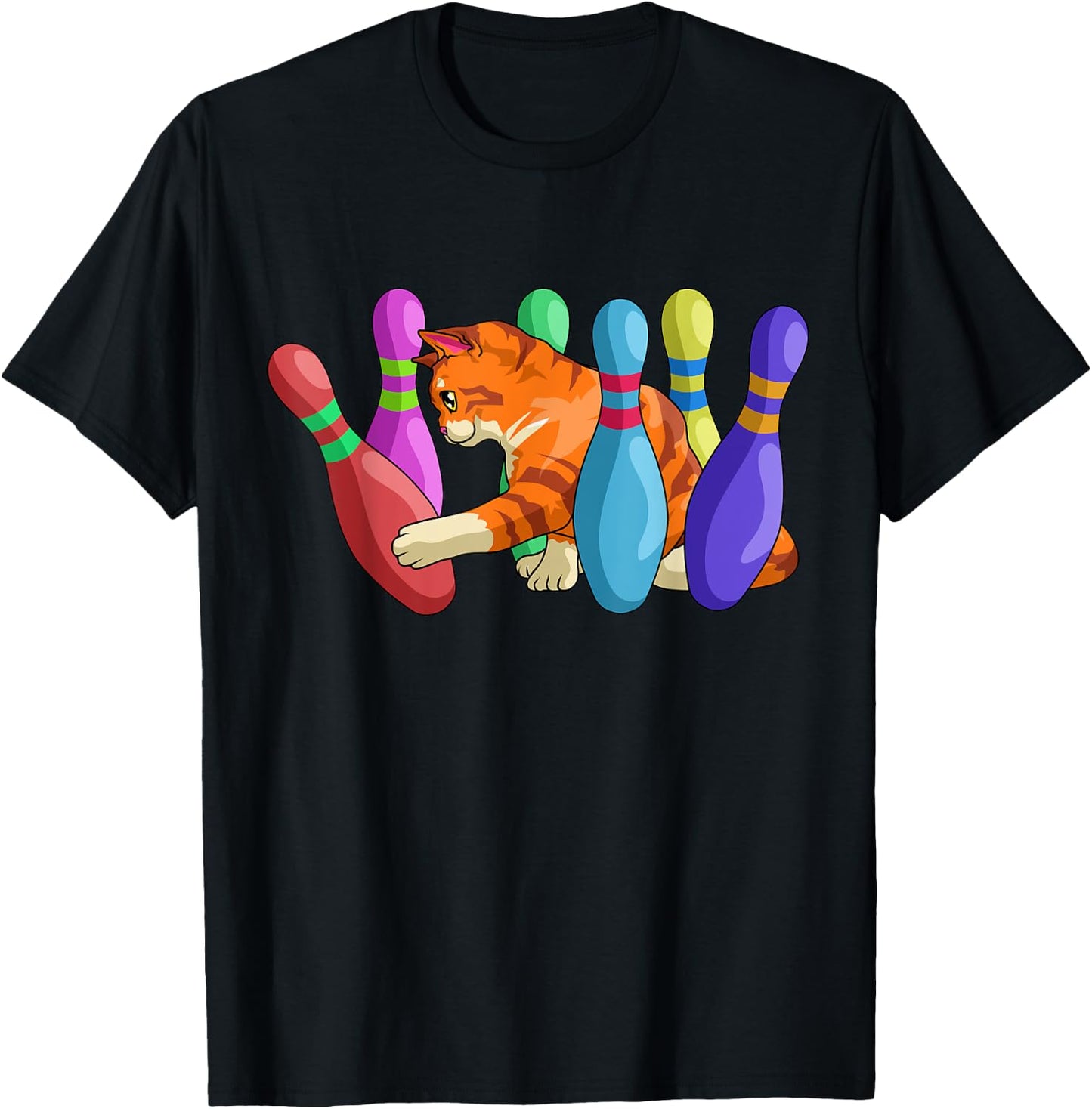 Cute Cat Knocking Over Bowling Pins Kitty Bowlers Cat Lovers Men Women Girls Kids T-Shirt - T-Shirt | Black