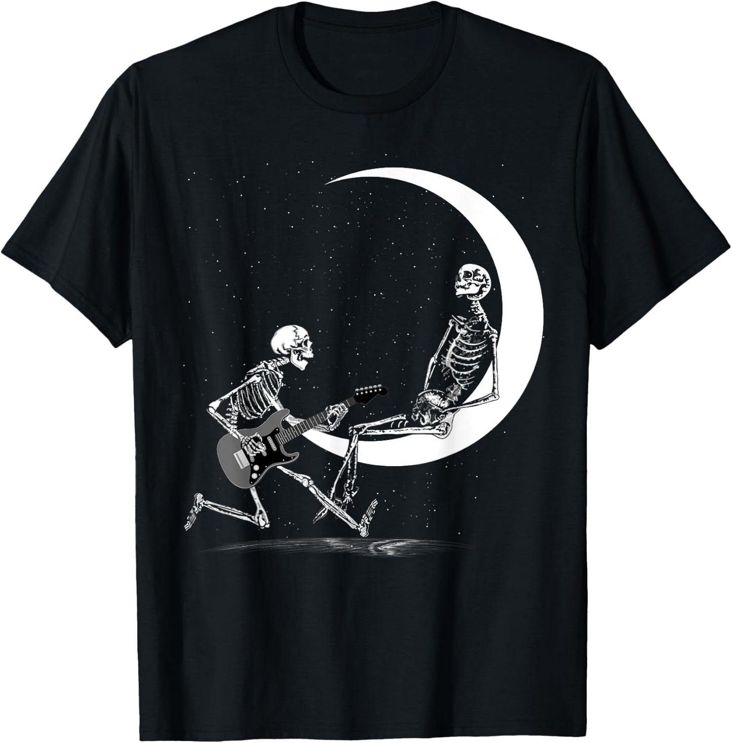 Funny Skeleton Band With Playing Guitar Moon T-Shirt - T-Shirt | Black