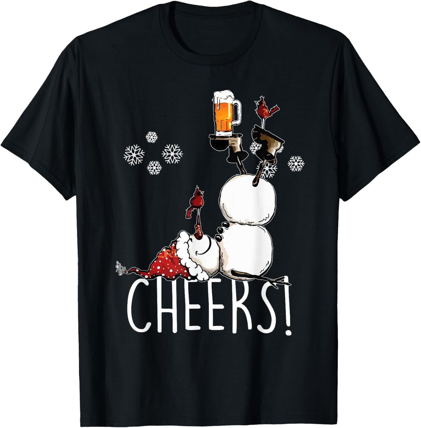 Cheers Snowman Beer and Wine Christmas T-Shirt - T-Shirt | Black