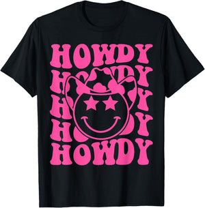 Pink Howdy Smile Face Rodeo Western Country Southern Cowgirl T-Shirt - T-Shirt | Black