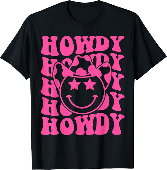 Pink Howdy Smile Face Rodeo Western Country Southern Cowgirl T-Shirt - T-Shirt | Black