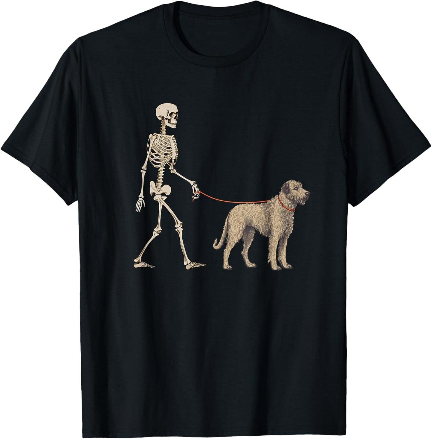 Funny Irish Wolfhound Skeleton Dog Walking Halloween Dog T-Shirt - T-Shirt | Black