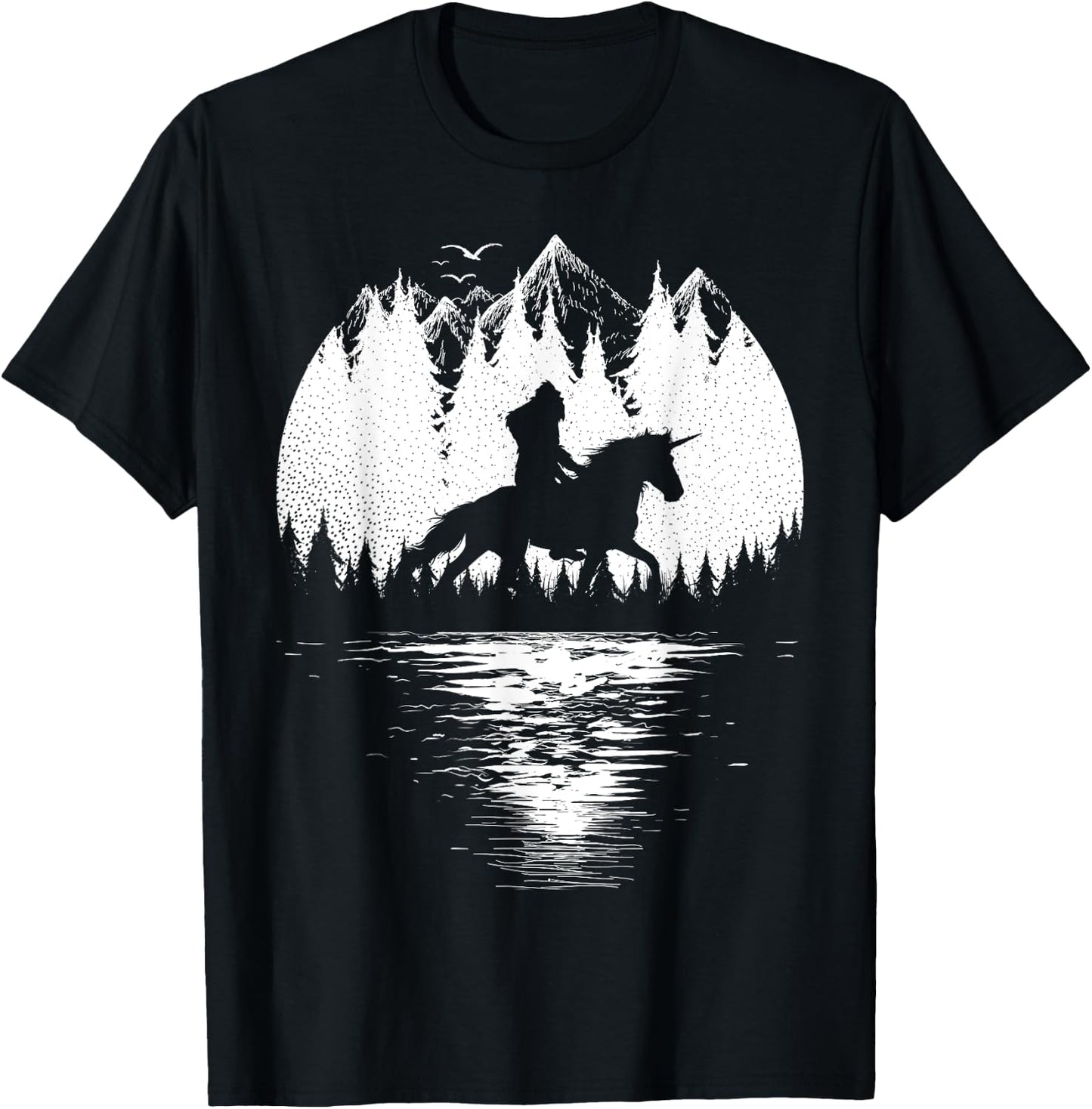 Bigfoot Riding Unicorn amidst Trees! Funny Sasquatch Unicorn T-Shirt - T-Shirt | Black