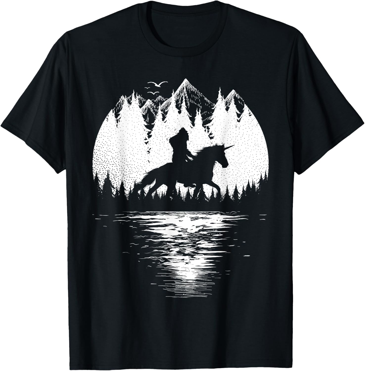 Bigfoot Riding Unicorn amidst Trees! Funny Sasquatch Unicorn T-Shirt - T-Shirt | Black