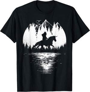 Bigfoot Riding Unicorn amidst Trees! Funny Sasquatch Unicorn T-Shirt - T-Shirt | Black